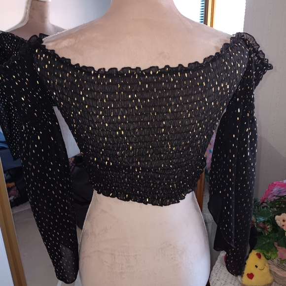 Charlotte Russe ~ Black Metallic Gold Dot Lace-Up Crop Top – 90s Retro - Picture 8 of 14